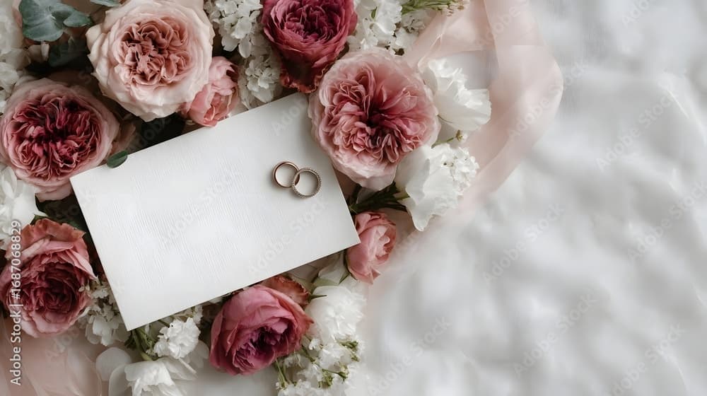Papeteria slubna z obraczkami i pudrowymi kwiatami na jasnym tle.