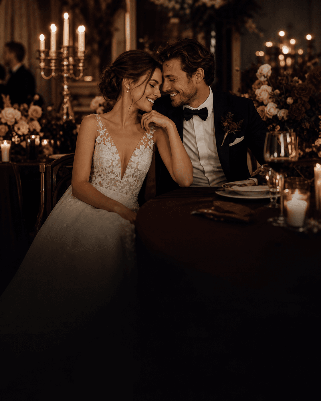 Para młoda przy świecach podczas eleganckiego przyjęcia weselnego.